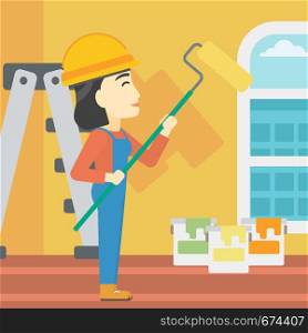 An asian female painter in overalls with a paint roller in hands. Painter painting walls with a paint roller in an apartment. Vector flat design illustration. Square layout.. Painter with paint roller.
