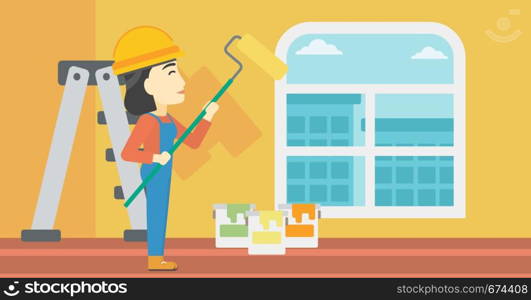 An asian female painter in overalls with a paint roller in hands. Painter painting walls with a paint roller in an apartment. Vector flat design illustration. Horizontal layout.. Painter with paint roller.