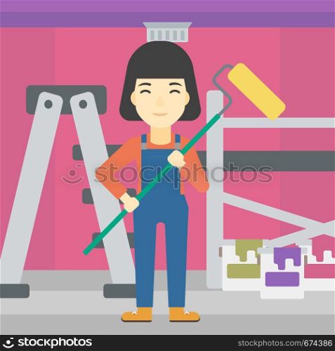 An asian female painter in uniform with a paint roller in hands. Painter at work in an apartment with paint cans and ladder. Vector flat design illustration. Square layout.. Painter with paint roller.