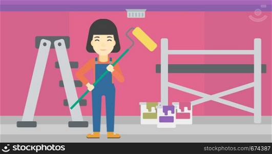 An asian female painter in uniform with a paint roller in hands. Painter at work in an apartment with paint cans and ladder. Vector flat design illustration. Horizontal layout.. Painter with paint roller.