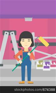 An asian female painter in uniform with a paint roller in hands. Painter at work in an apartment with paint cans and ladder. Vector flat design illustration. Vertical layout.. Painter with paint roller.