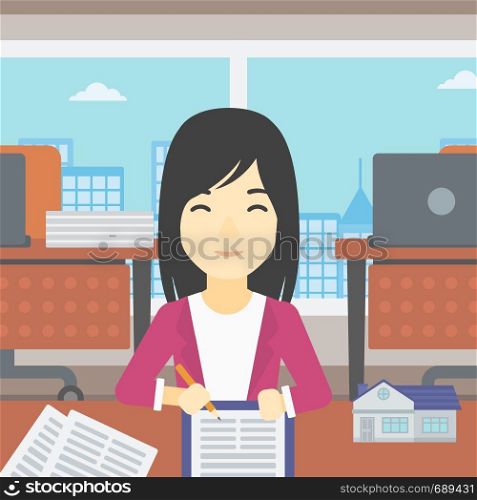 An asian female real estate agent signing a contract. Real estate agent sitting at workplace in office with a house model on the table. Vector flat design illustration. Square layout.. Real estate agent signing contract.