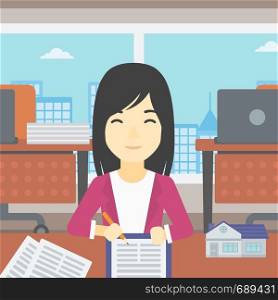 An asian female real estate agent signing a contract. Real estate agent sitting at workplace in office with a house model on the table. Vector flat design illustration. Square layout.. Real estate agent signing contract.