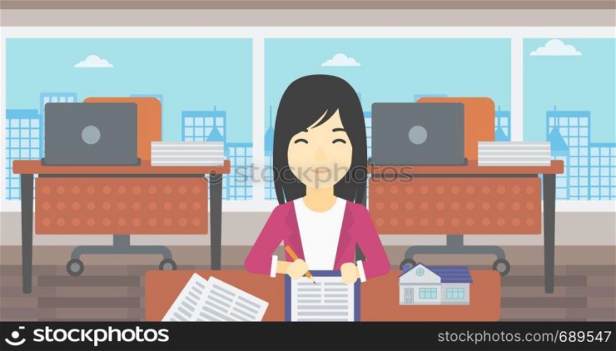 An asian female real estate agent signing a contract. Real estate agent sitting at workplace in office with a house model on the table. Vector flat design illustration. Horizontal layout.. Real estate agent signing contract.