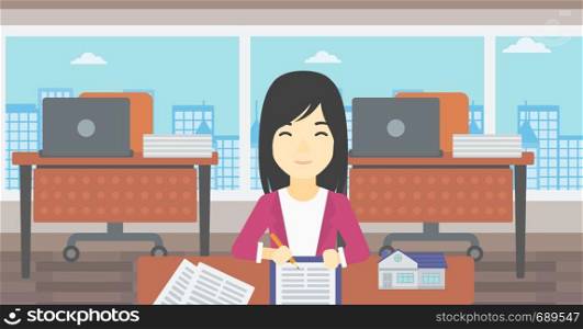 An asian female real estate agent signing a contract. Real estate agent sitting at workplace in office with a house model on the table. Vector flat design illustration. Horizontal layout.. Real estate agent signing contract.