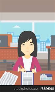 An asian female real estate agent signing a contract. Real estate agent sitting at workplace in office with a house model on the table. Vector flat design illustration. Vertical layout.. Real estate agent signing contract.