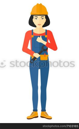 An asian female repairer engineer with a spanner in hand showing thumb up sign vector flat design illustration isolated on white background. . Cheerful repairer with spanner.