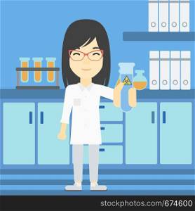 An asian female scientist holding a test tube with biohazard sign. Scientist examining a test tube in a chemical laboratory. Vector flat design illustration. Square layout.. Scientist with test tube vector illustration.