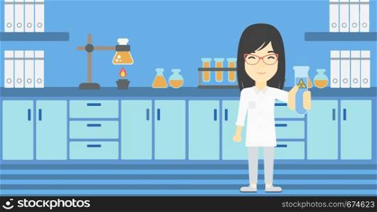 An asian female scientist holding a test tube with biohazard sign. Scientist examining a test tube in a chemical laboratory. Vector flat design illustration. Horizontal layout.. Scientist with test tube vector illustration.