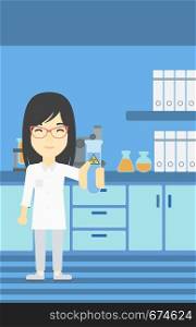 An asian female scientist holding a test tube with biohazard sign. Scientist examining a test tube in a chemical laboratory. Vector flat design illustration. Vertical layout.. Scientist with test tube vector illustration.