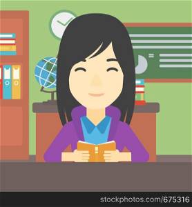 An asian female student reading a book. Student reading book and preparing for exam. Student studying at classroom. Education concept. Vector flat design illustration. Square layout.. Student reading book vector illustration.