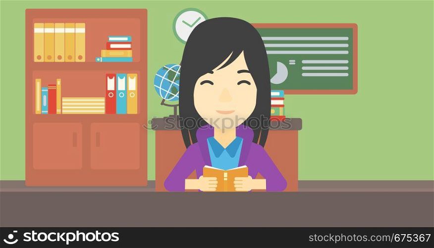 An asian female student reading a book. Student reading book and preparing for exam. Student studying at classroom. Education concept. Vector flat design illustration. Horizontal layout.. Student reading book vector illustration.