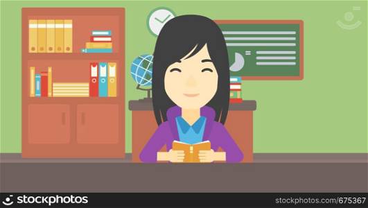 An asian female student reading a book. Student reading book and preparing for exam. Student studying at classroom. Education concept. Vector flat design illustration. Horizontal layout.. Student reading book vector illustration.