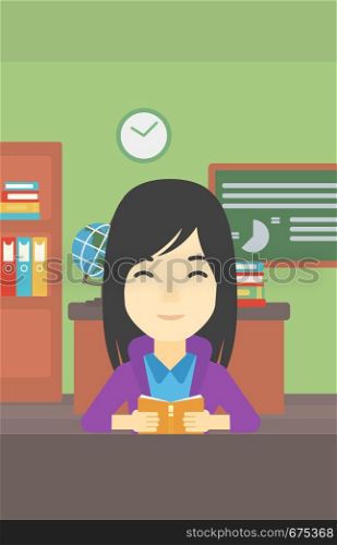 An asian female student reading a book. Student reading book and preparing for exam. Student studying at classroom. Education concept. Vector flat design illustration. Vertical layout.. Student reading book vector illustration.