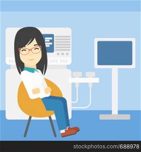 An asian female ultrasound doctor sitting with arms crossed. Female doctor sitting near modern ultrasound equipment at medical office. Vector flat design illustration. Square layout.. Female ultrasound doctor vector illustration.