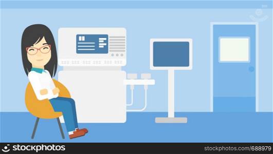 An asian female ultrasound doctor sitting with arms crossed. Female doctor sitting near modern ultrasound equipment at medical office. Vector flat design illustration. Horizontal layout.. Female ultrasound doctor vector illustration.