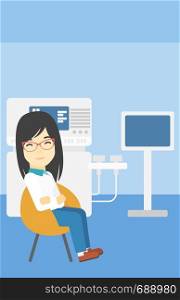 An asian female ultrasound doctor sitting with arms crossed. Female doctor sitting near modern ultrasound equipment at medical office. Vector flat design illustration. Vertical layout.. Female ultrasound doctor vector illustration.