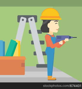 An asian female worker drilling a hole in the wall. A man in overalls and hard hat working with hammer drill. Vector flat design illustration. Square layout.. Constructor with perforator.