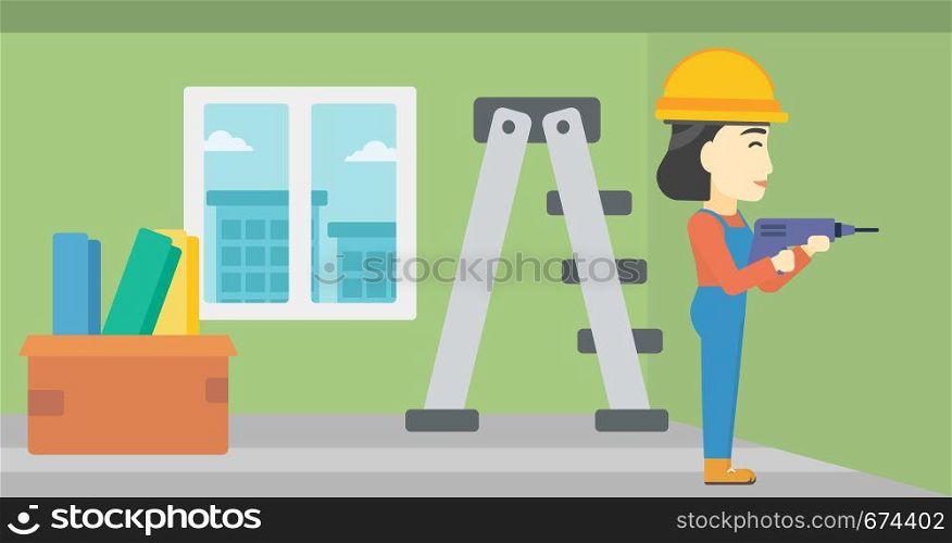 An asian female worker drilling a hole in the wall. A man in overalls and hard hat working with hammer drill. Vector flat design illustration. Horizontal layout.. Constructor with perforator.
