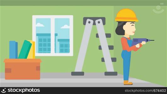 An asian female worker drilling a hole in the wall. A man in overalls and hard hat working with hammer drill. Vector flat design illustration. Horizontal layout.. Constructor with perforator.