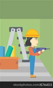An asian female worker drilling a hole in the wall. A man in overalls and hard hat working with hammer drill. Vector flat design illustration. Vertical layout.. Constructor with perforator.