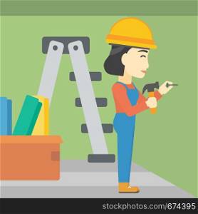 An asian female worker hammering a nail into the wall. Worker in overalls and hard hat nailing with hammer in apartment. Vector flat design illustration. Square layout.. Constructor hammering nail.