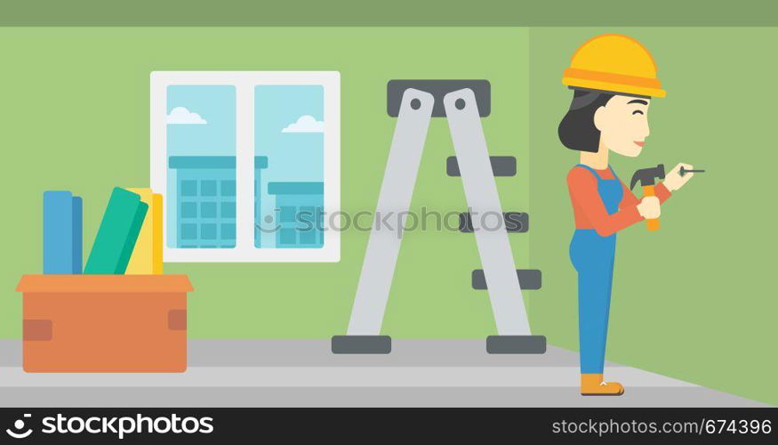 An asian female worker hammering a nail into the wall. Worker in overalls and hard hat nailing with hammer in apartment. Vector flat design illustration. Horizontal layout.. Constructor hammering nail.
