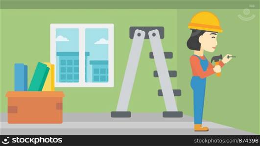 An asian female worker hammering a nail into the wall. Worker in overalls and hard hat nailing with hammer in apartment. Vector flat design illustration. Horizontal layout.. Constructor hammering nail.