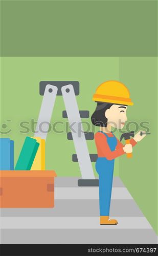An asian female worker hammering a nail into the wall. Worker in overalls and hard hat nailing with hammer in apartment. Vector flat design illustration. Vertical layout.. Constructor hammering nail.