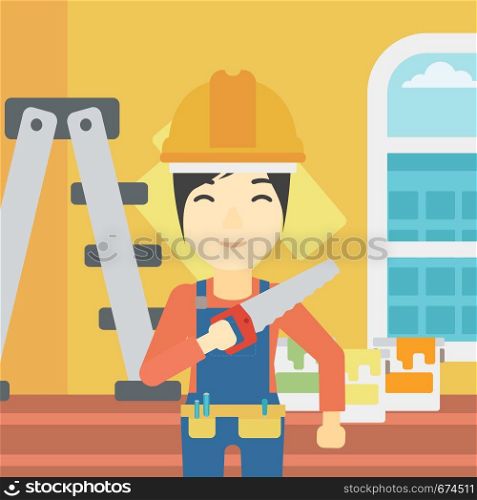An asian female worker holding a saw in hand. A man in overalls and hard hat with saw in apartment. Vector flat design illustration. Square layout.. Smiling worker with saw.