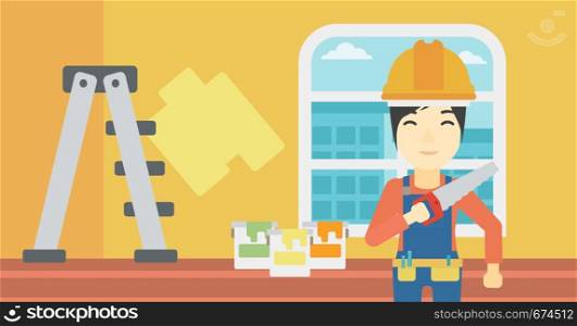 An asian female worker holding a saw in hand. A man in overalls and hard hat with saw in apartment. Vector flat design illustration. Horizontal layout.. Smiling worker with saw.