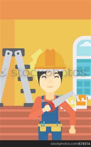 An asian female worker holding a saw in hand. A man in overalls and hard hat with saw in apartment. Vector flat design illustration. Vertical layout.. Smiling worker with saw.
