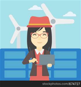 An asian female worker of solar power plant and wind farm. Woman working on laptop on a background of solar power plant and wind turbines. Vector flat design illustration. Square layout.. Woman checking solar panels and wind turbines.