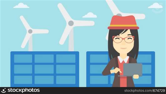 An asian female worker of solar power plant and wind farm. Woman working on laptop on a background of solar power plant and wind turbines. Vector flat design illustration. Horizontal layout.. Woman checking solar panels and wind turbines.