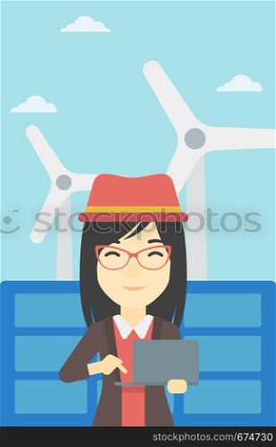 An asian female worker of solar power plant and wind farm. Woman working on laptop on a background of solar power plant and wind turbines. Vector flat design illustration. Vertical layout.. Woman checking solar panels and wind turbines.