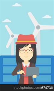 An asian female worker of solar power plant and wind farm. Woman working on laptop on a background of solar power plant and wind turbines. Vector flat design illustration. Vertical layout.. Woman checking solar panels and wind turbines.