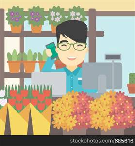 An asian florist using telephone and laptop to take orders. An excited florist standing behind the counter at flower shop. Vector flat design illustration. Square layout.. Florist at flower shop vector illustration.