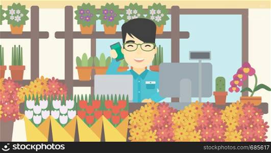 An asian florist using telephone and laptop to take orders. An excited florist standing behind the counter at flower shop. Vector flat design illustration. Horizontal layout.. Florist at flower shop vector illustration.
