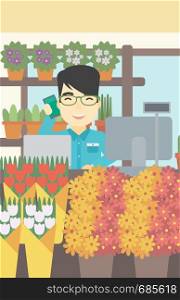 An asian florist using telephone and laptop to take orders. An excited florist standing behind the counter at flower shop. Vector flat design illustration. Vertical layout.. Florist at flower shop vector illustration.