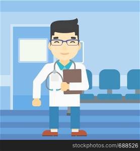 An asian friendly doctor holding a file in hospital corridor. Smiling doctor with stetoscope carrying folder of patient or medical information. Vector flat design illustration. Square layout.. Doctor with file vector illustration.