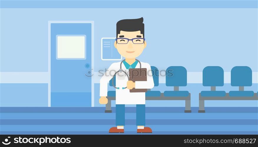 An asian friendly doctor holding a file in hospital corridor. Smiling doctor with stetoscope carrying folder of patient or medical information. Vector flat design illustration. Horizontal layout.. Doctor with file vector illustration.