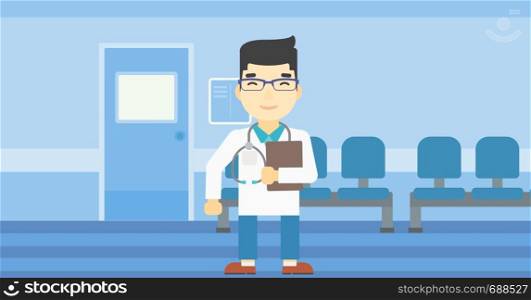 An asian friendly doctor holding a file in hospital corridor. Smiling doctor with stetoscope carrying folder of patient or medical information. Vector flat design illustration. Horizontal layout.. Doctor with file vector illustration.