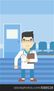 An asian friendly doctor holding a file in hospital corridor. Smiling doctor with stetoscope carrying folder of patient or medical information. Vector flat design illustration. Vertical layout.. Doctor with file vector illustration.