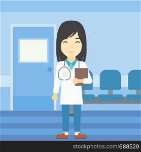 An asian friendly doctor holding a file in hospital corridor. Smiling female doctor with stetoscope carrying folder of patient or medical information. Vector flat design illustration. Square layout.. Doctor with file vector illustration.