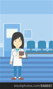 An asian friendly doctor holding a file in hospital corridor. Smiling female doctor with stetoscope carrying folder of patient or medical information. Vector flat design illustration. Vertical layout.. Doctor with file vector illustration.