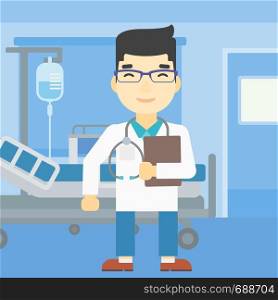 An asian friendly doctor holding a file in hospital ward . Smiling doctor with stetoscope carrying folder of patient or medical information. Vector flat design illustration. Vertical layout.. Doctor with file vector illustration.