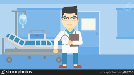 An asian friendly doctor holding a file in hospital ward . Smiling doctor with stetoscope carrying folder of patient or medical information. Vector flat design illustration. Horizontal layout.. Doctor with file vector illustration.