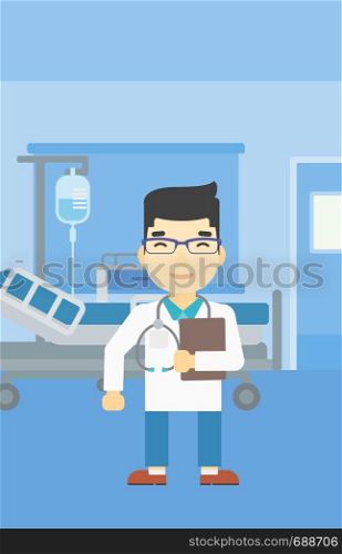 An asian friendly doctor holding a file in hospital ward . Smiling doctor with stetoscope carrying folder of patient or medical information. Vector flat design illustration. Vertical layout.. Doctor with file vector illustration.