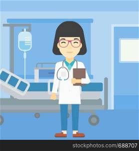 An asian friendly doctor holding a file in hospital ward . Smiling female doctor with stetoscope carrying folder of patient or medical information. Vector flat design illustration. Square layout.. Doctor with file vector illustration.