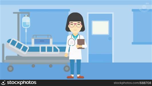 An asian friendly doctor holding a file in hospital ward . Smiling female doctor with stetoscope carrying folder of patient or medical information. Vector flat design illustration. Horizontal layout.. Doctor with file vector illustration.